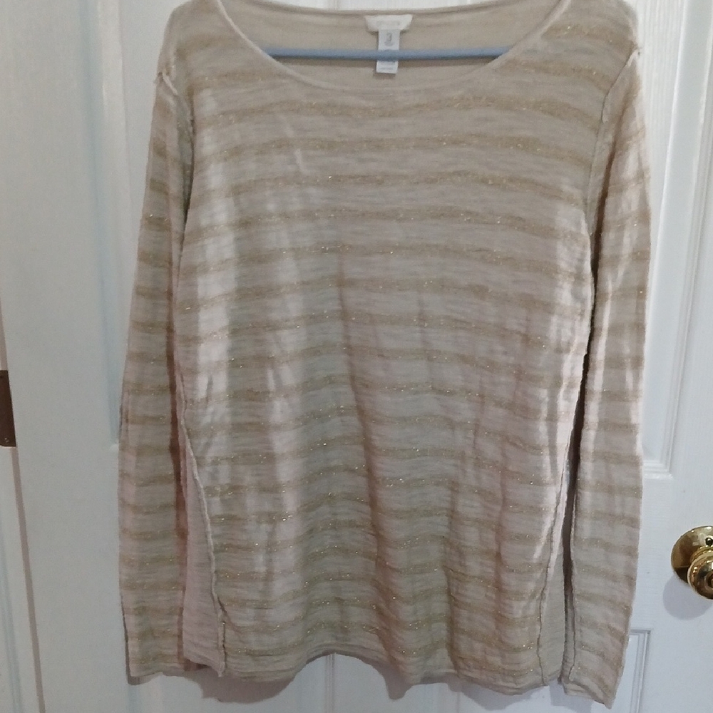 Chico's Beige and Gold Striped Long Sleeve Top